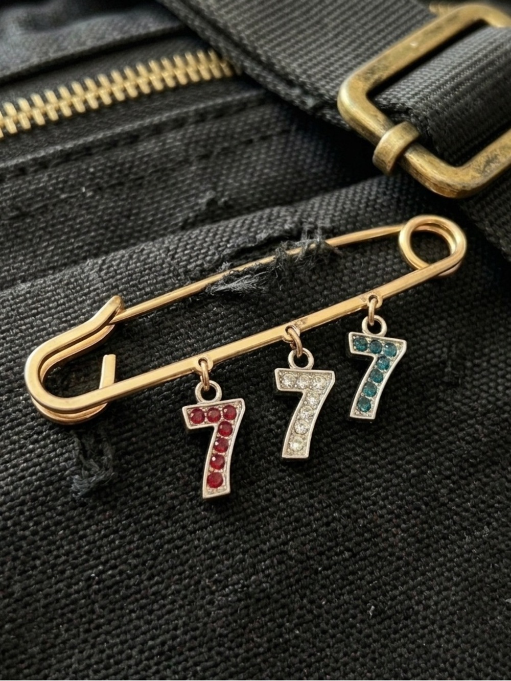 Vintage Style Triple Lucky 7 Safety Pin Brooch Gold Tone Rhinestone Charm Pin